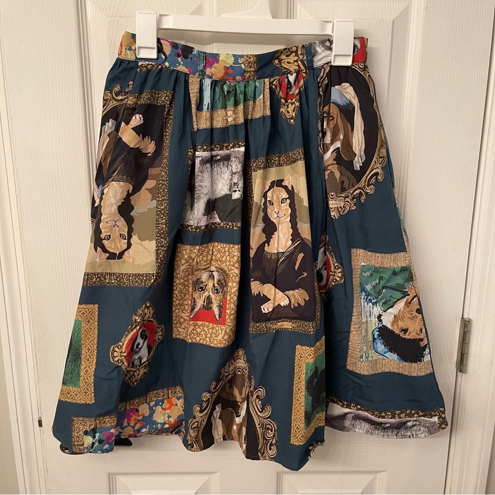 ModCloth Womens Pet Portrait Dog Cat Museum Art Skirt Small NWOT Pockets